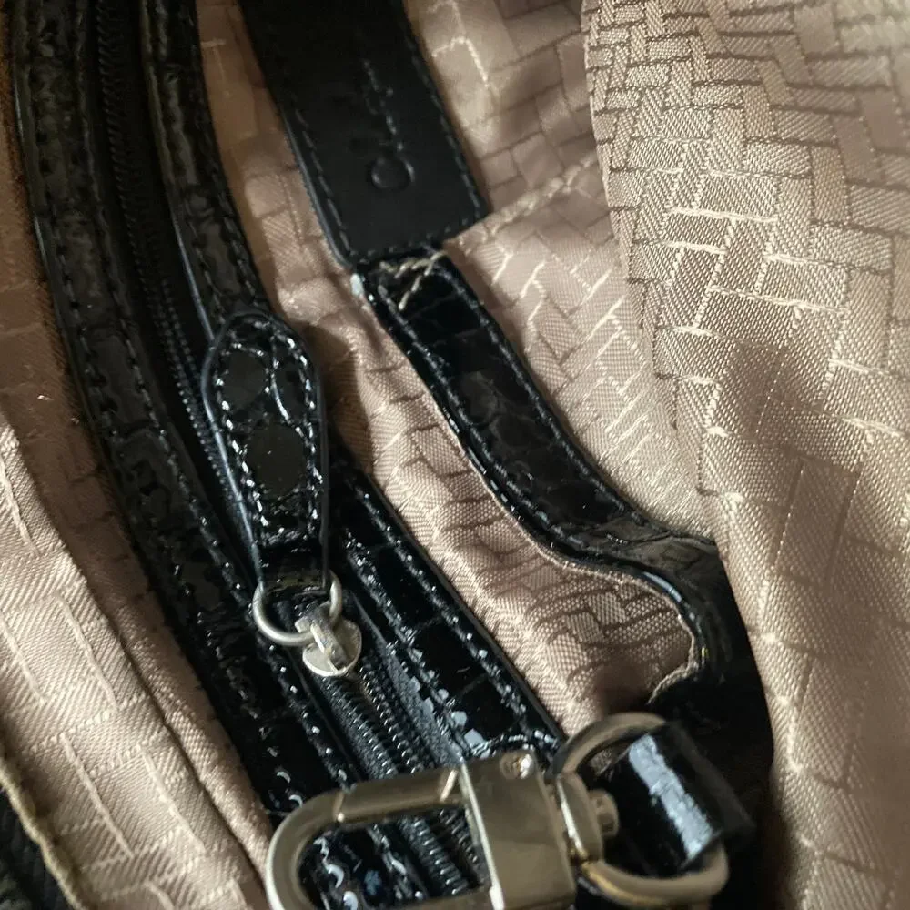 Cole Haan Hobo Bag Womens Black Patent Leather Croc Embossed Y2K Shoulder Purse